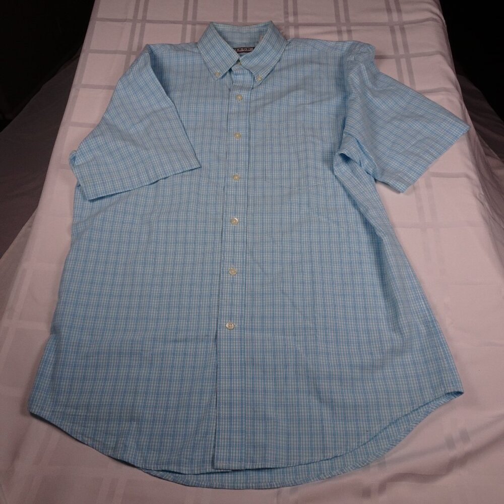 Izod Teal/Blue Plaid Shirt Cotton Short Sleeves Buttoned Collar Men's M